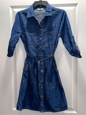 MPH Collection Denim Shirt Dress in Medium Blue-Size PS (Petite Small)
